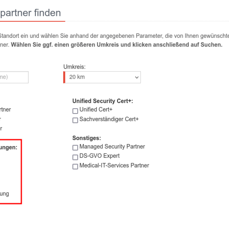 Screenshot der "Partner Suche" auf der Internetseite von Securepoint