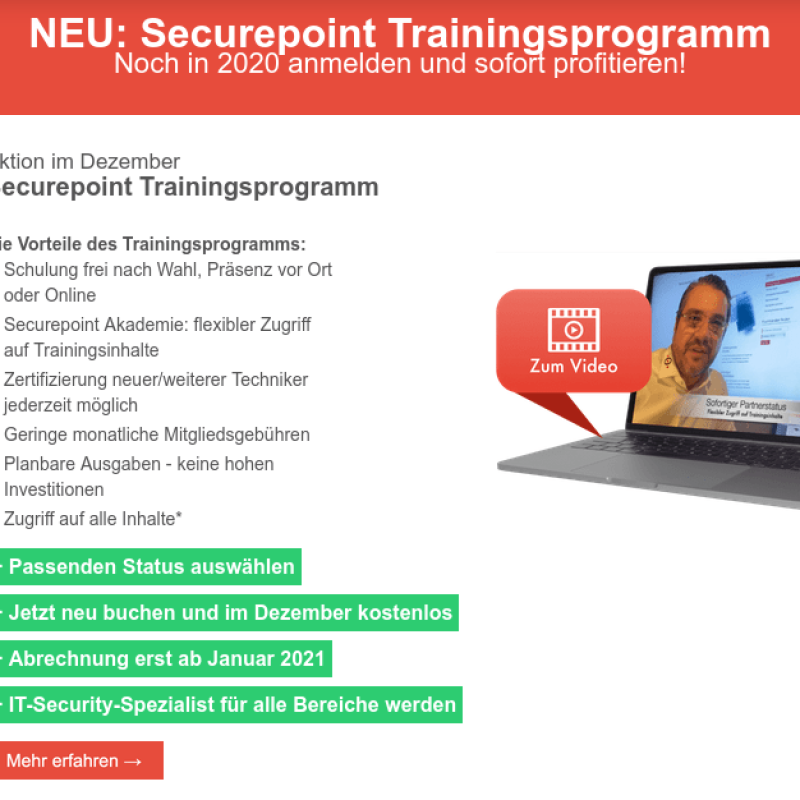 Screenshot der Werbe-E-Mail von Securepoint zur Einführung des Securepoint Trainingsprogramms